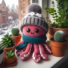 Crocheted octopus in winter hat and scarf on windowsill among foliage