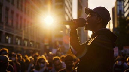 Man speaking into microphone at sunset during protest May Day, Labor Day, International Workers' Day