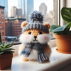 Adorable hamster in knit hat and scarf on windowsill with plants