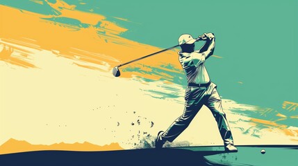 Illustration of a golfer in mid-swing on a vibrant, stylized golf course with a dynamic sky.