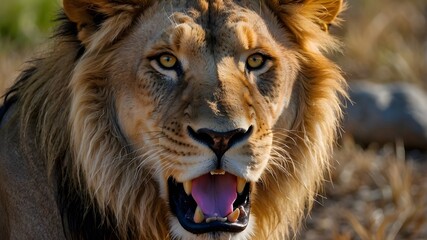 /imagine: Close-up of the head of an aggressive lion ready to attack, Realistic Photography, Wildlife, Hyper Realism, Nature Photography, Canon EF 70-200mm f/2.8L IS III USM lens, Close-up shot, HDR, 