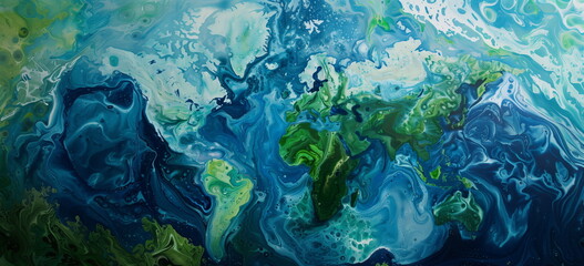 Fototapeta na wymiar Artistic world of finance, trade, and global warming. Globalism and decoupling concept background. Paint flow marble world. 