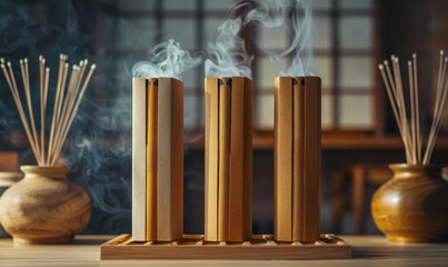 Packing diffuser with brown reed sticks on a background