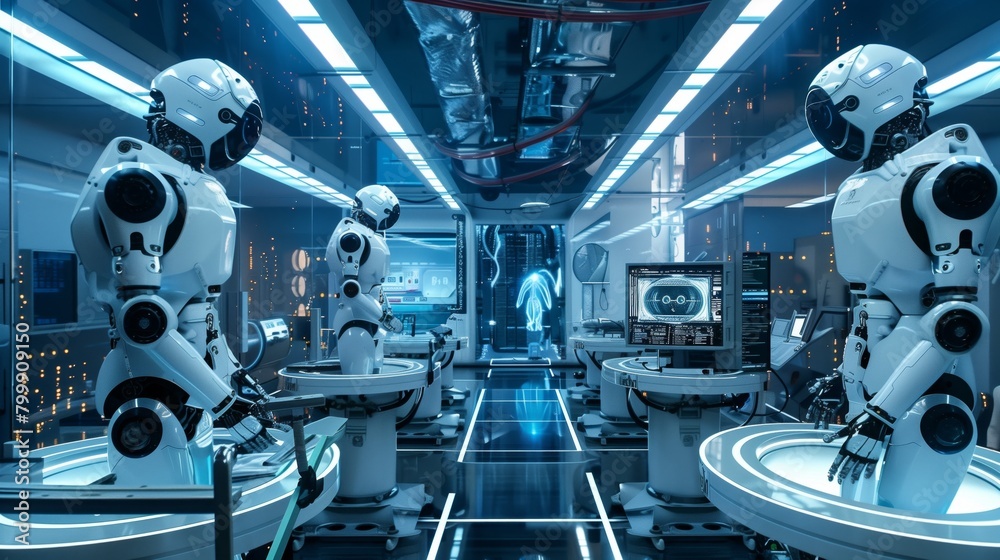 Canvas Prints Futuristic robots engaging in advanced scientific experiments in a high-tech laboratory environment.