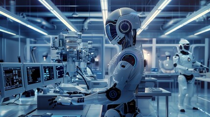 Advanced humanoid robots working in a high-tech research facility with neon lighting.