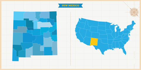 A Map highlighting New Mexico in the USA Map, New Mexico and USA modern map with Colorful Hi detailed Vector, geographical borders