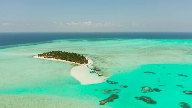 Sand beach and tropical islands by atoll with coral reef, top view. Onok Island, Balabac, Philippines. Summer and travel vacation concept