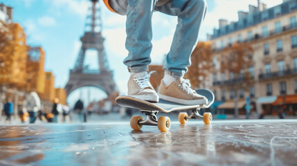 Skateboarder cruising in Paris, Eiffel Tower backdrop.