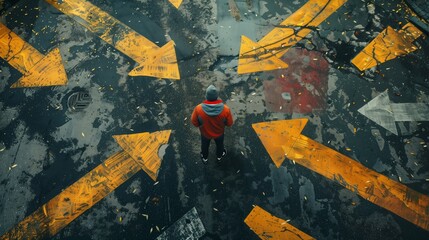 Fototapeta premium Top view of man in front of arrows on asphalt