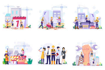 Happy Labour day On 1 May vector illustration. Construction workers are working on building.