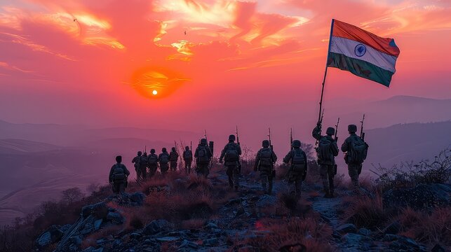 A powerful image of soldiers' silhouettes saluting at dawn or dusk, framed by the india flag, commemorating significant indian patriotic holidays india independence day.