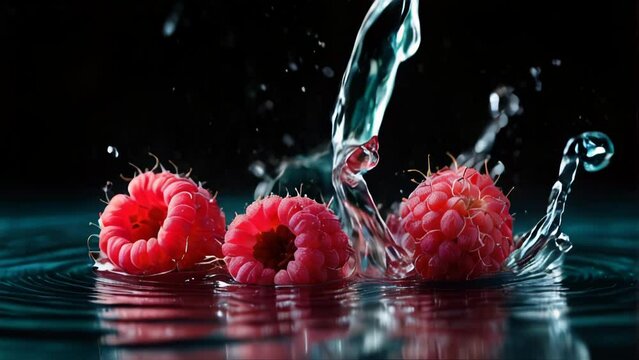 Close-up of red raspberries with water splash. AI.