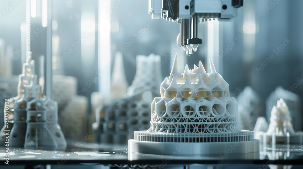 Poster a 3d printer constructing entire buildings layer by layer using sustainable materials, revolutionizi