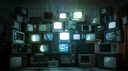 A collection of vintage television sets stacked in a cluttered room, displaying various monochrome scenes. - obrazy, fototapety, plakaty