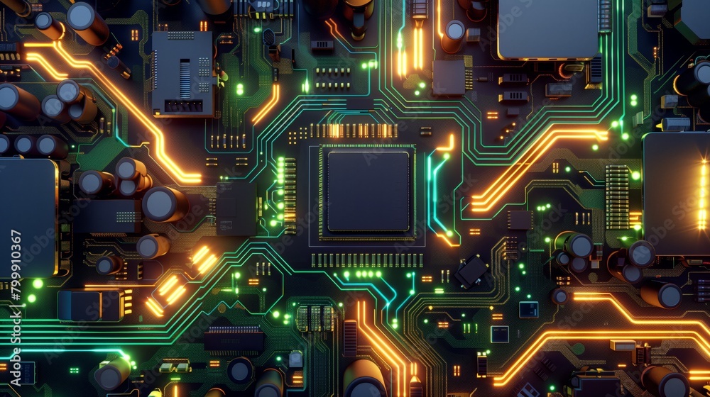 Canvas Prints A detailed view of an electronic circuit board with glowing neon lights in various colors.