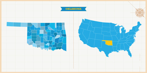 A Map highlighting Oklahoma in the USA Map, Oklahoma and USA modern map with Colorful Hi detailed Vector, geographical borders