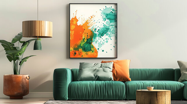 Expressive orange and teal splash poster, suited for a living room with a green couch.
