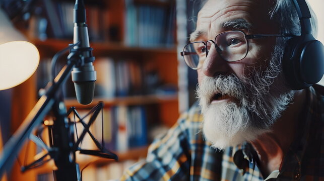 old man giving an interview in a studio with headphones on and a microphone recording - Powered by Adobe