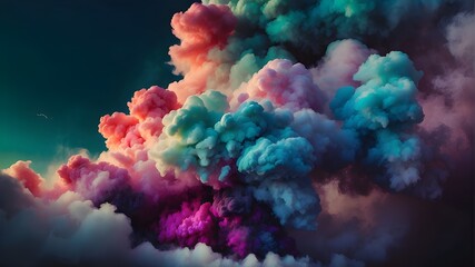 Fototapeta na wymiar /imagine: An eruption of colorful smoke, vivid and vibrant, billowing and swirling in the air, creating mesmerizing patterns and shapes. The smoke is thick and dense, with hues of blue, green, purple,