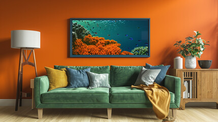 Orange and blue coral reef art, perfect for a contemporary living room with green sofa.