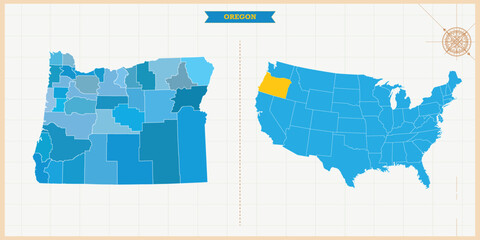 A Map highlighting Oregon in the USA Map, Oregon and USA modern map with Colorful Hi detailed Vector, geographical borders