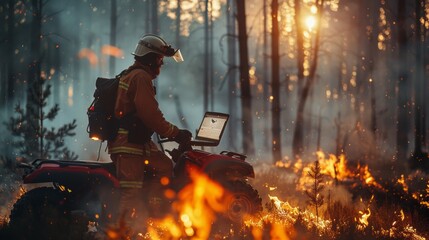 Brave skilled firefighter stands next to ATV using laptop computer in forest with burning forest fire. The director or unit leader makes sure that the emergency situation is under control.