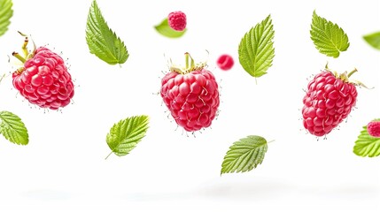 Obraz premium Vibrant floating raspberries and fresh leaves isolated on a white background, capturing a fresh and appetizing look.