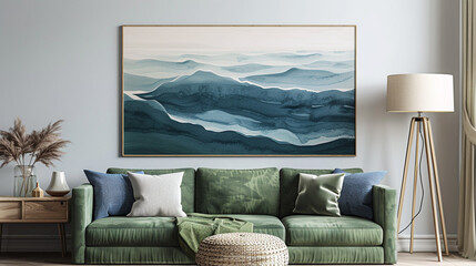 Ocean waves poster in cool blues and whites, perfect for coastal-themed living rooms.