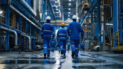 Men walking in an industry in safety suits and helmets with huge pipeline construction surrounding them - Powered by Adobe