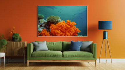 Colorful coral reef poster, enhances living rooms with a minimalist green sofa style.