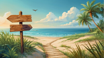 beach, sign, tropical, sea, arrow, wooden, signpost, direction, vacations, island, signboard, pointing, path, ocean, blank, palm, trees, board, summer, holidays, coast, copy space, information, advert