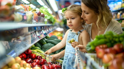 A mom and daughter in a grocery store at the vegetables aisle