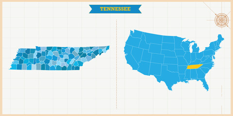 A Map highlighting Tennessee in the USA Map, Tennessee and USA modern map with Colorful Hi detailed Vector, geographical borders