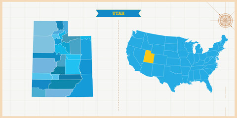A Map highlighting Utah in the USA Map, Utah and USA modern map with Colorful Hi detailed Vector, geographical borders