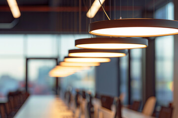 Office workspace illuminated evenly by a row of stylish Italian lights.