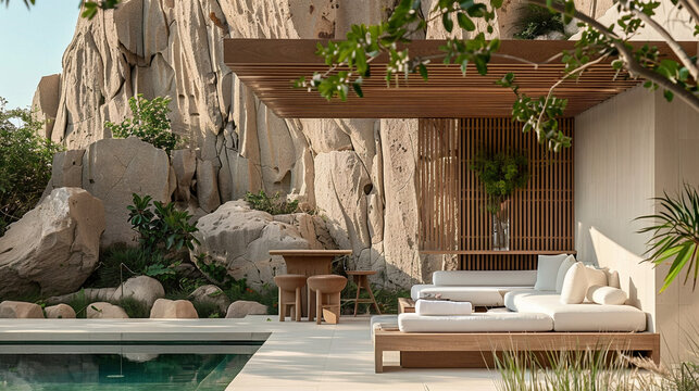 A minimalist poolside cabana with white cushions, wooden fence, and greenery in the courtyard of an Anouska hotel. The cabana is set against the backdrop of sandstone walls