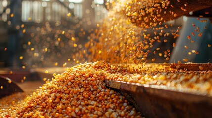 Automated sorting of corn grains, showcasing technology in agriculture for quality control.