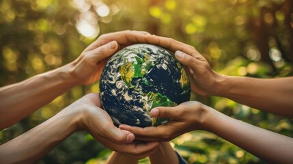 A group of people holding hands and standing around the Earth globe