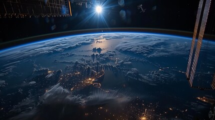 Stunning view of Earth from space showing continents lit up, with sun and satellite parts.
