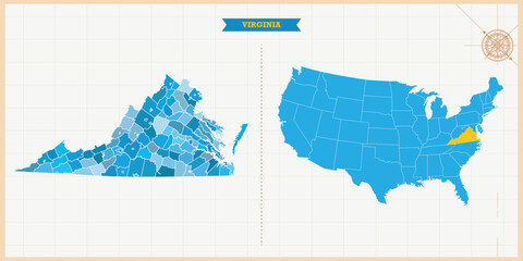 A Map highlighting Virginia in the USA Map, Virginia and USA modern map with Colorful Hi detailed Vector, geographical borders