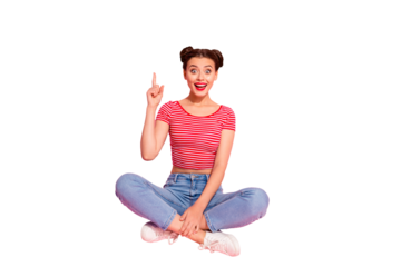 Full length body size photo beautiful she her lady buns pomade lips hand arm finger up wondered I have idea look wear casual jeans denim striped red white t-shirt sit floor isolated pink background