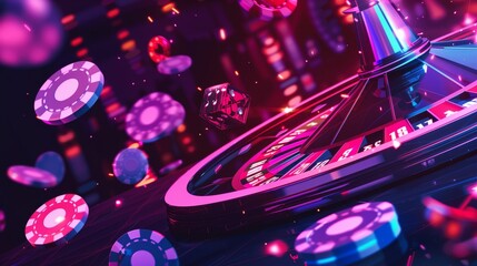 Vibrant casino scene with a spinning roulette wheel, flying chips, and a rolling dice in neon lights.