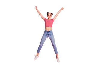 Fototapeta na wymiar Full length body size photo yelling beautiful she her lady pomade lips jump high star shape best big great win fan wear casual jeans denim striped red white t-shirt sit floor isolated pink background