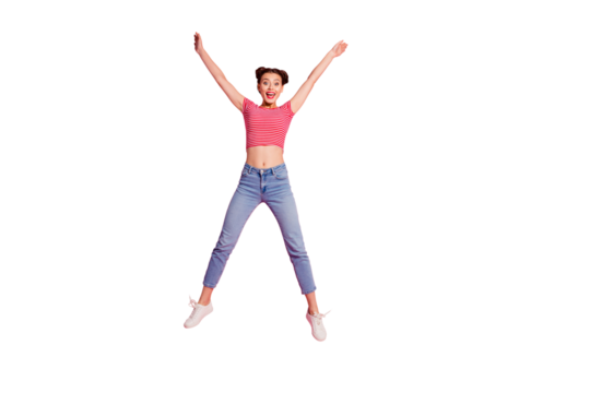 Full length body size photo yelling beautiful she her lady pomade lips jump high star shape best big great win fan wear casual jeans denim striped red white t-shirt sit floor isolated pink background