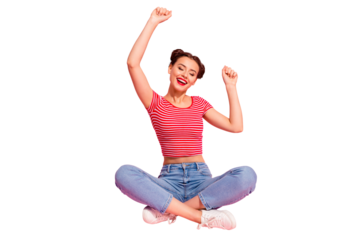 Full length body size photo beautiful she her lady buns pomade lips hands arms up air eyes closed cheerleader wear casual jeans denim striped red white t-shirt sit floor isolated pink background