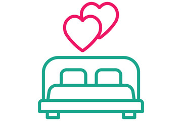 first night icon. bed with heart. icon related to wedding. line icon style. wedding element illustration
