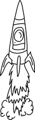 Hand drawing outline of a flying rocket. Vector illustration.