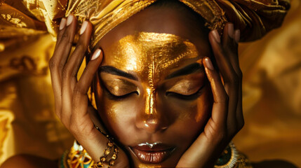 Obraz premium A beautiful woman with gold paint on her skin, wearing a turban and jewelry, poses with her hands on her face. Her skin is shiny and metallic, and she looks like a goddess.