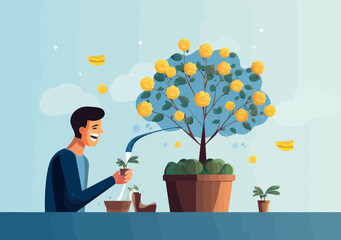 Smiling Man Watering Brain-Shaped Plant Seedling: Nurturing Positive Mental Health, Happiness Concept Illustration