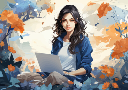 Female content creator writing blog, copywriting for web - Stylish millennial writer with pencil and laptop composing article, vector illustration